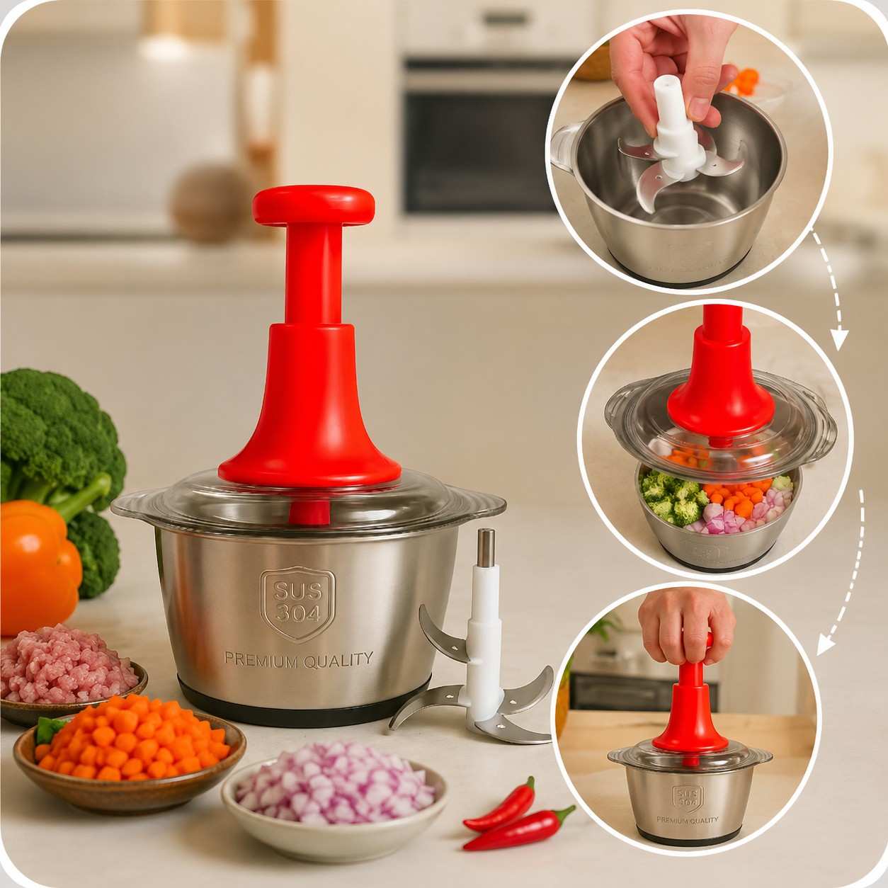 Large 2L Stainless Steel Bowl Effortless Vegetable Chopper & Meat Grinder⁠