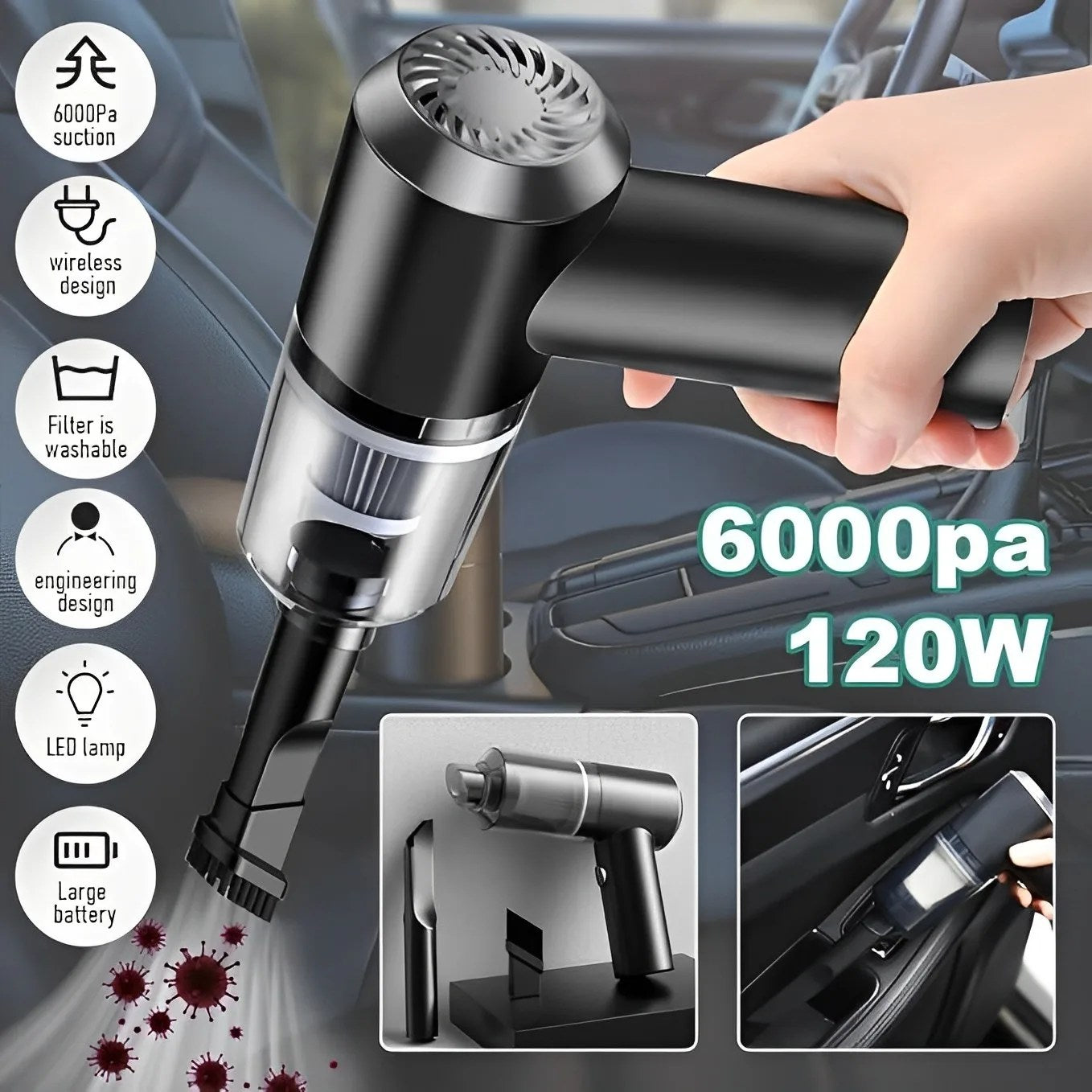 3-in-1 Portable Wireless Car & Home Vacuum Cleaner | Rechargeable & Multi-Functiona